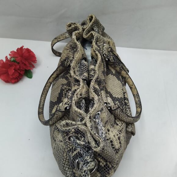 Michael Kors Gray Leather Python Embossed Pushlock Drawstring Satchel Bag - Picture 9 of 16